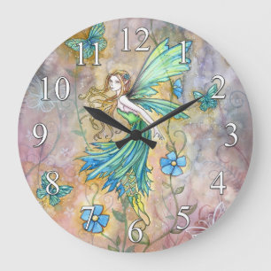 Grüne Blumenfee und Schmetterlinge Wanduhr