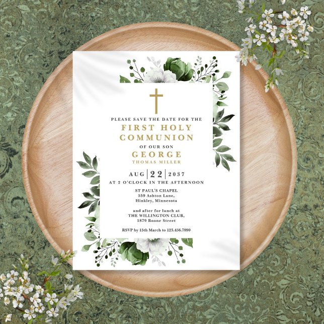Grüne Blumengemeinde Save the Date Postkarte (Green Floral First Holy Communion Save The Date Postcard)