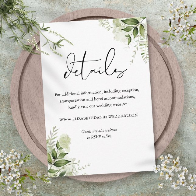 Grüne Blumengestelle Details zu Hochzeiten Begleitkarte (Greenery Floral Elegant Script Wedding Details Enclosure Card)