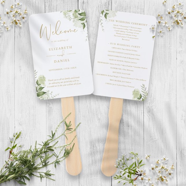Grüne Blumengolden Hochzeitsprogramm Hand Fan Fächer (Greenery Floral Gold Wedding Program Hand Fan)