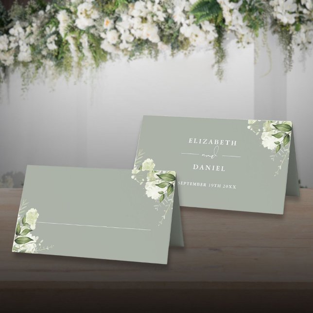 Grüne Blumengrün gezackt Platzkarte (Sage Green Floral Greenery Wedding Folded Place Card)
