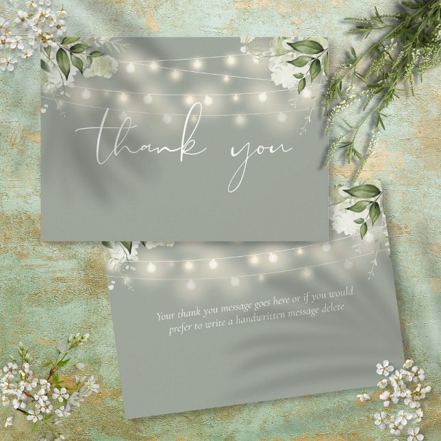 Grüne Blumengrün und Strandleuchten Dankeskarte (Sage Green Floral Greenery String Lights Thank You Card)
