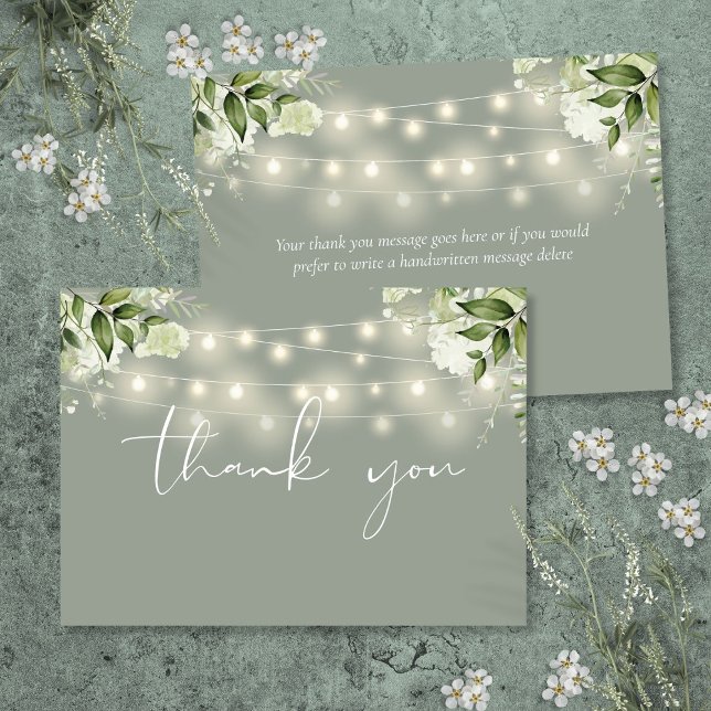 Grüne Blumengrün und Strandleuchten Dankeskarte (Sage Green Floral Greenery String Lights Thank You Card)