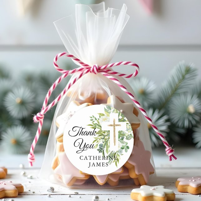 Grüne Blumenkreuz Elegante Taufe Runder Aufkleber (Von Creator hochgeladen)