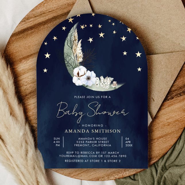 Grüne Blumenmoon Navy Blue Arch Baby Dusche Einladung (Von Creator hochgeladen)