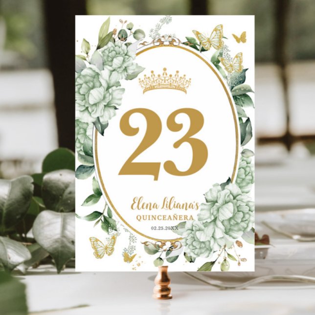 Grüne Blumenschmetterlinge Quinceanera Süße 16 Tischnummer (Von Creator hochgeladen)