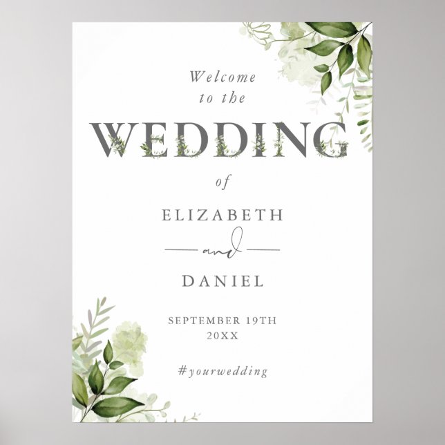 Grüne Blumenschrift Wedding Willkommenszeichen Poster (Vorne)