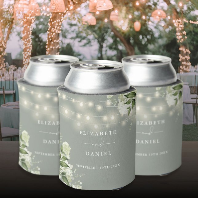 Grüne Blumenstrauß Lichter Sage Grüne Hochzeit Dosenkühler (Greenery Floral String Lights Sage Green Wedding Can Cooler)