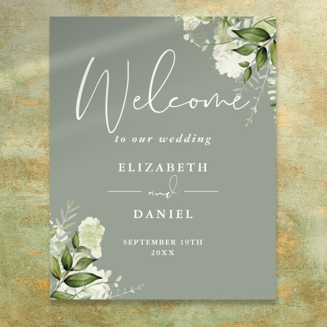 Grüne Blumenweihe Grüne Hochzeit Begrüßungszeichen Poster (Greenery Floral Sage Green Wedding Welcome Sign)
