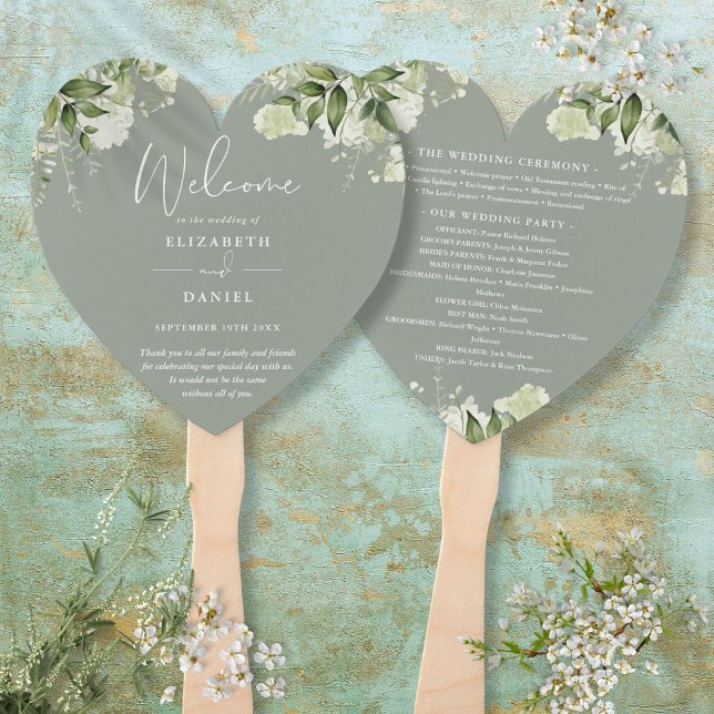 Grüne Blumenweihe Grünes Hochzeitsprogramm Herz Fächer (Greenery Floral Sage Green Wedding Program Heart Hand Fan)