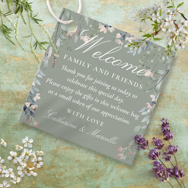 Grüne Blumenzange Begrüßung Begrüßungskörbe Geschenkanhänger (Sage Green Floral Wedding Welcome Gift Basket Bag Favor Tags)