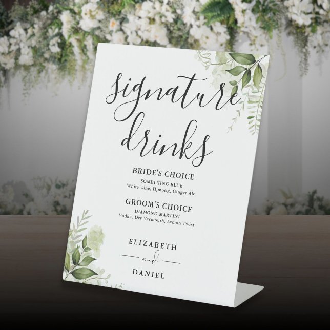 Grüne Blumenzwiebelgetränke Sockelschild (Greenery Floral Wedding Signature Drinks Pedestal Sign)
