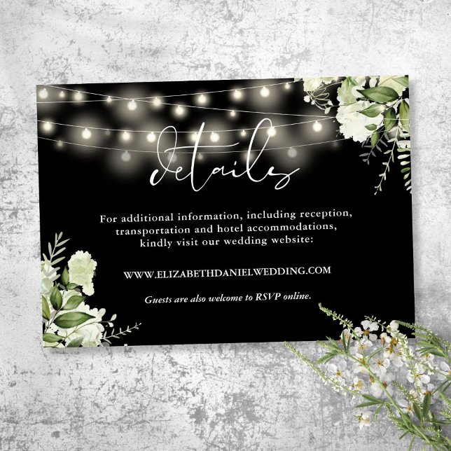 Grüne Blumenzwiebelleuchten Hochzeitdetails Begleitkarte (Greenery Floral String Lights Wedding Details Enclosure Card)