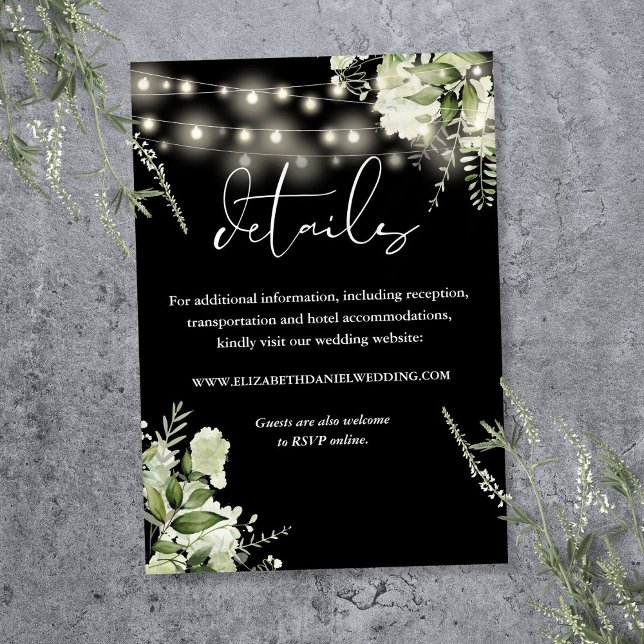 Grüne Blumenzwiebelleuchten Hochzeitdetails Begleitkarte (Greenery Floral String Lights Wedding Details Enclosure Card)