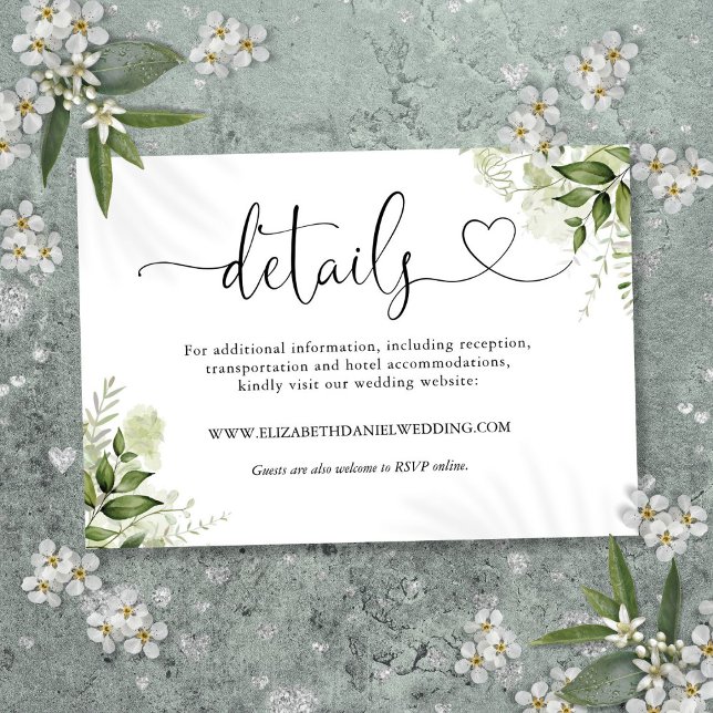 Grüne Blumenzwiebelschrift Details zur Hochzeit Begleitkarte (Greenery Floral Heart Script Wedding Details Enclosure Card)