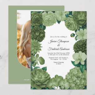 Grüne Blumige Foto- und QR-Code-Hochzeit Einladung