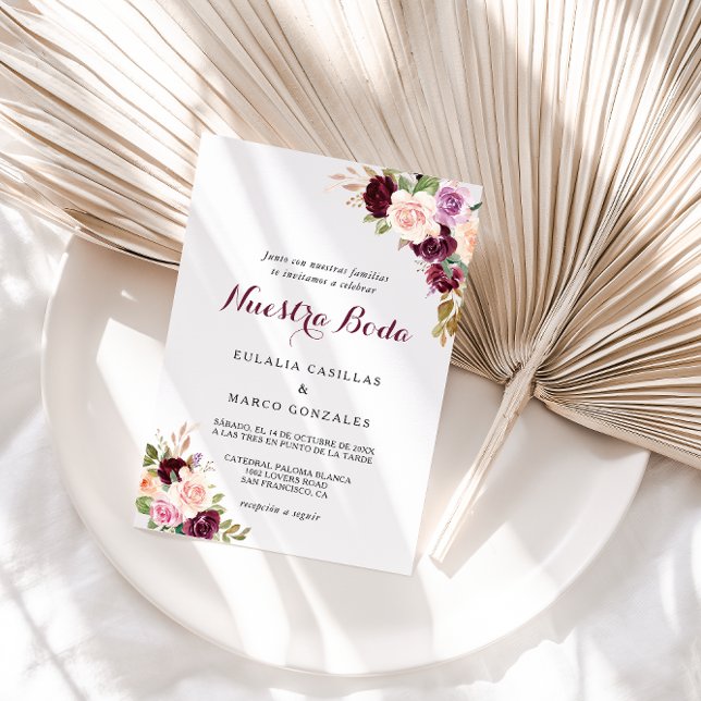 Grüne Blush Burgundy Spanische Hochzeit Einladung (Von Creator hochgeladen)