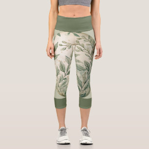 Grüne Blüte auf hellgrün mit dunkelgrüner Band Capri Leggings
