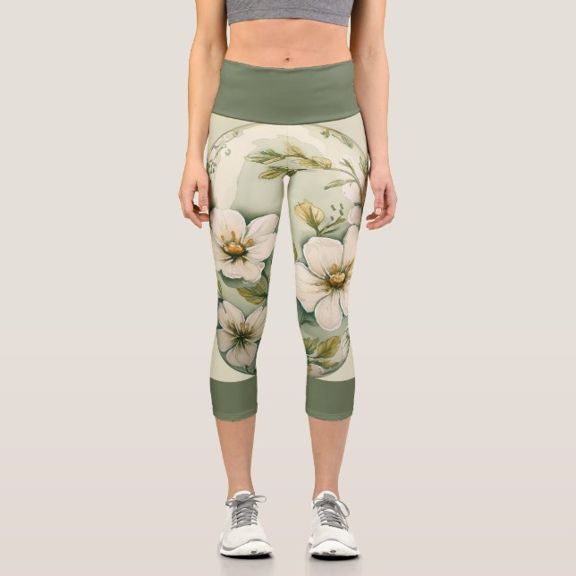 Grüne Blüte auf hellgrün mit dunkelgrüner Band Capri Leggings (Vorderseite)