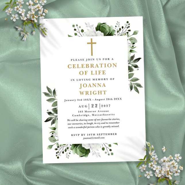 Grüne Blüte Christliche Feier zur Beerdigung des L Einladung (Green Floral Christian Celebration Of Life Funeral Invitation)