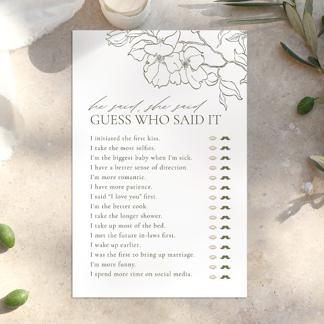 Grüne Blüte Er sagte, sie sagte Brautparty (Green floral He said She said bridal shower game)