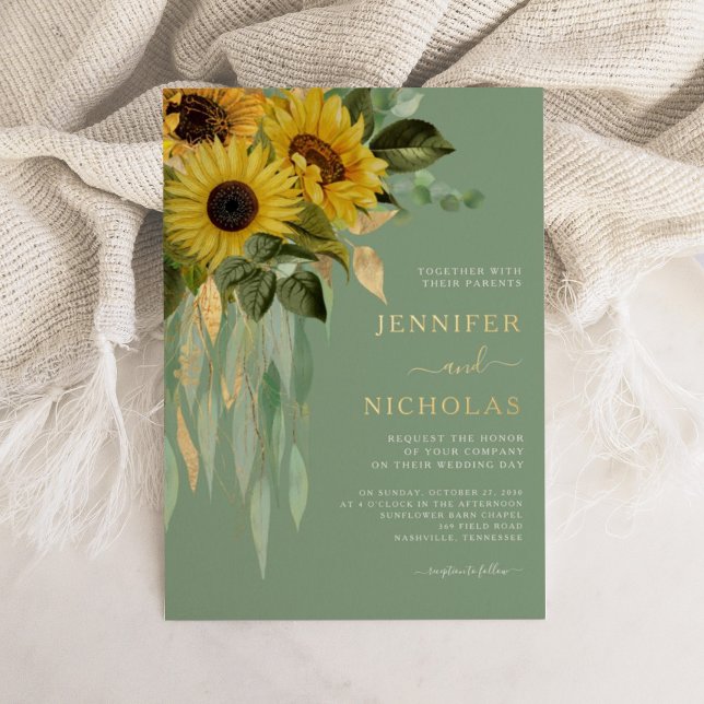 Grüne Blütenblumen Hochzeit Gold Folieneinladung (Green Floral Sunflowers Wedding Gold Foil Invitation)
