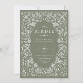 Grüne Blütenbraun Birdie Babydusche Einladung