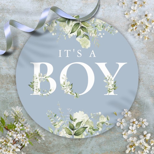 Grüne Blütendusche mit Baby-Dusche Runder Aufkleber (Greenery Floral Dusty Blue Its A Boy Baby Shower Classic Round Sticker)