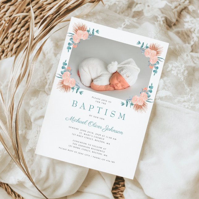 Grüne Blütenwelt Elegantes Foto Taufe Einladung (Green Floral Elegant Boy Photo Baptism Invitation)