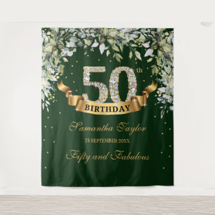 Grüne Boho-Blattwerk und Gold 50. Geburtstag Wandteppich