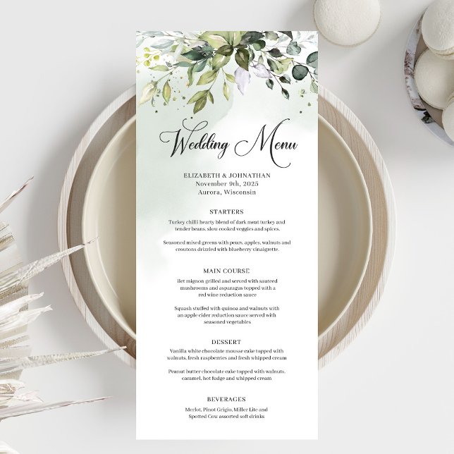 Grüne boho foliage eucalyptus Hochzeitsessen Menükarte (Greenery boho foliage eucalyptus wedding dinner menu)