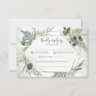 Grüne Boho-Gold-Geometrie-Wasserfarben-Hochzeit RSVP Karte