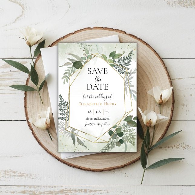 Grüne Boho-Gold-Geometrie-Watercolour-Save-Date Einladung (Von Creator hochgeladen)