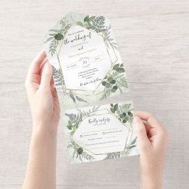 Grüne Boho-Gold-Wasserfarben-Geometrie-Hochzeit All-in-One-Einladung