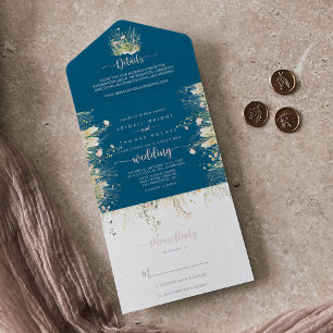 Grüne Boho-Wildblumen-Hochzeit in Navyblau All In One Einladung
