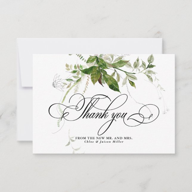 Grüne Botanicals Wasserfarbenkalligrafie Hochzeit Dankeskarte (Vorderseite)