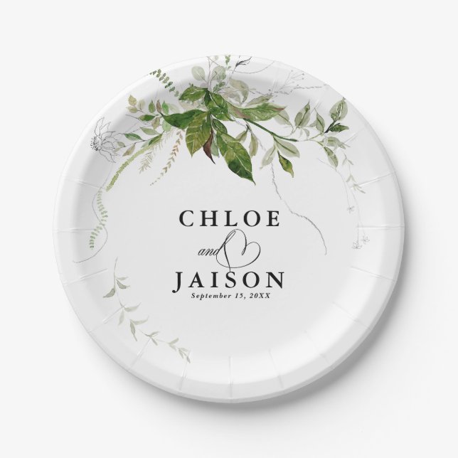 Grüne Botanicals Wasserfarbenkalligrafie Hochzeit Pappteller (Vorderseite)