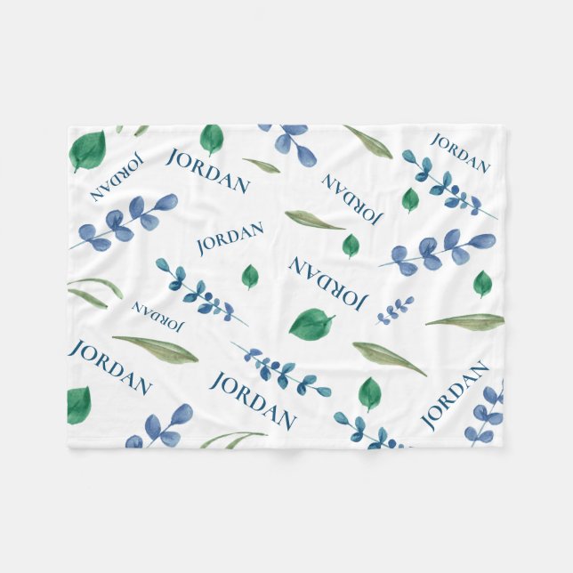 Grüne, botanische Aquarellfarben Blätter Babyname Fleecedecke (Vorderseite (Horizontal))