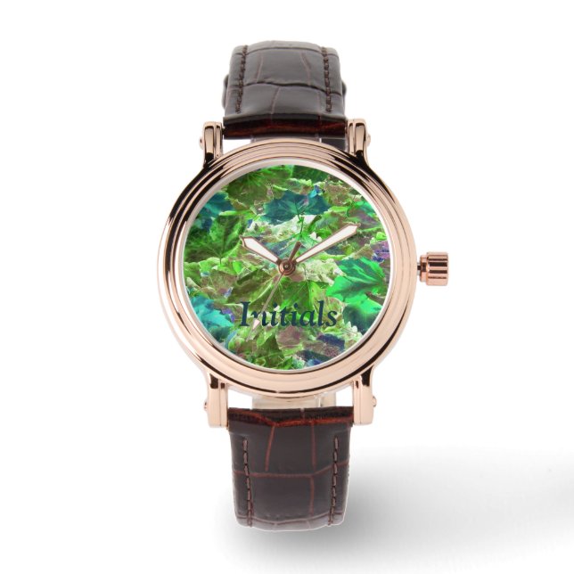 Grüne botanische Blätter - Natur initialisiert Armbanduhr (Vorderseite)