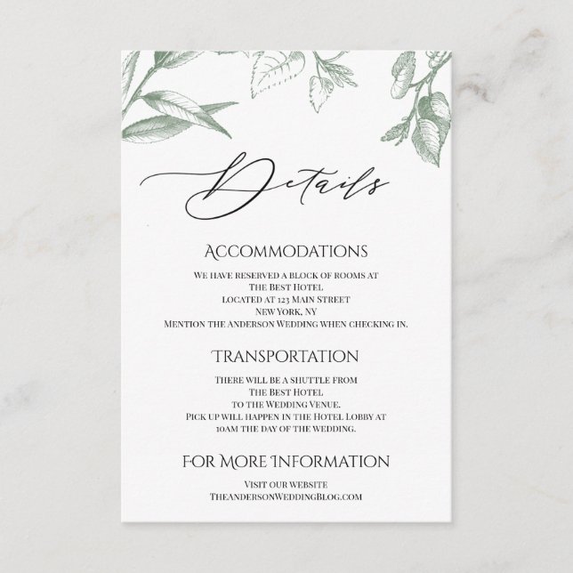 Grüne botanische Blätter Unterkünfte Begleitkarte (Vorderseite)