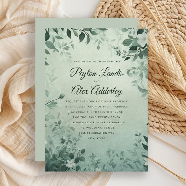 Grüne botanische Blätter Wasserfarbenhochzeit Einladung (Sage green leaves botanical wedding invitation)