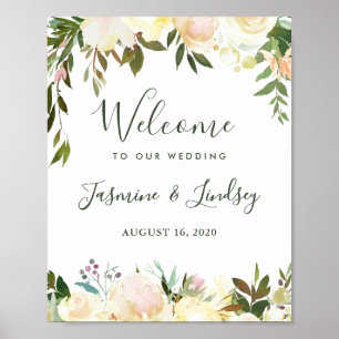 Grüne Botanische Blumenhochzeit Begrüßungszeichen Poster