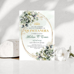 Grüne Botanische Goldene Quinceanera-Einladung Einladung