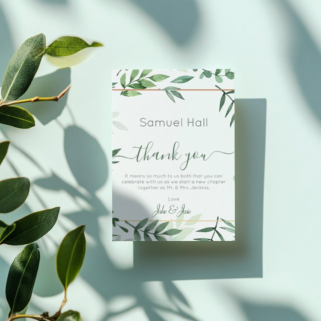 Grüne Botanische Hochzeit Danke Tischkarte (Wedding photo, green leaves wedding thank you card)