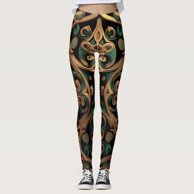 Grüne Bronze Dekoration Karierter Muster Leggings (Vorderseite)