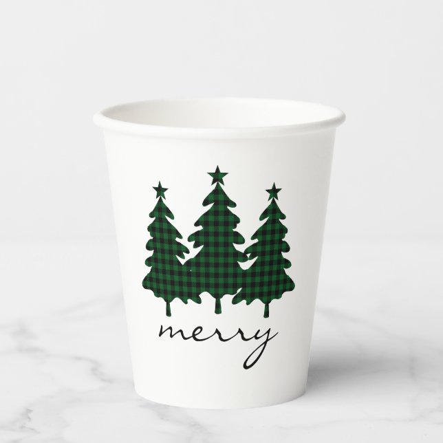 Grüne Buffalo Karo Pine Trees Paper Cups Pappbecher (Vorderseite)