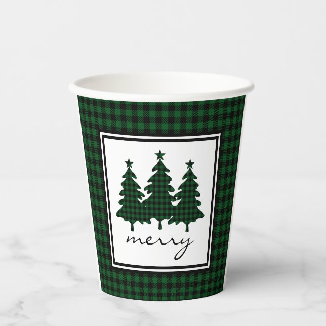 Grüne Buffalo Karo Pine Trees Paper Cups Pappbecher (Vorderseite)
