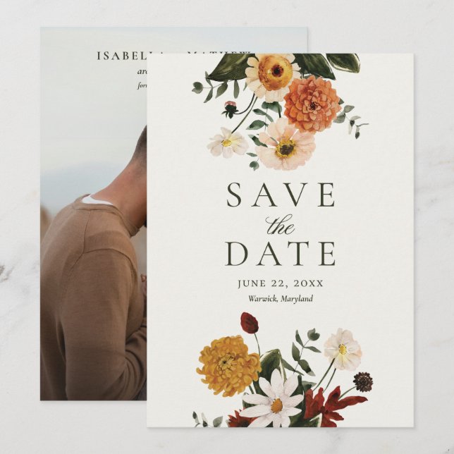 Grüne Burgunder Boho Herbst Wildblumen Hochzeit Save The Date (Vorne/Hinten)