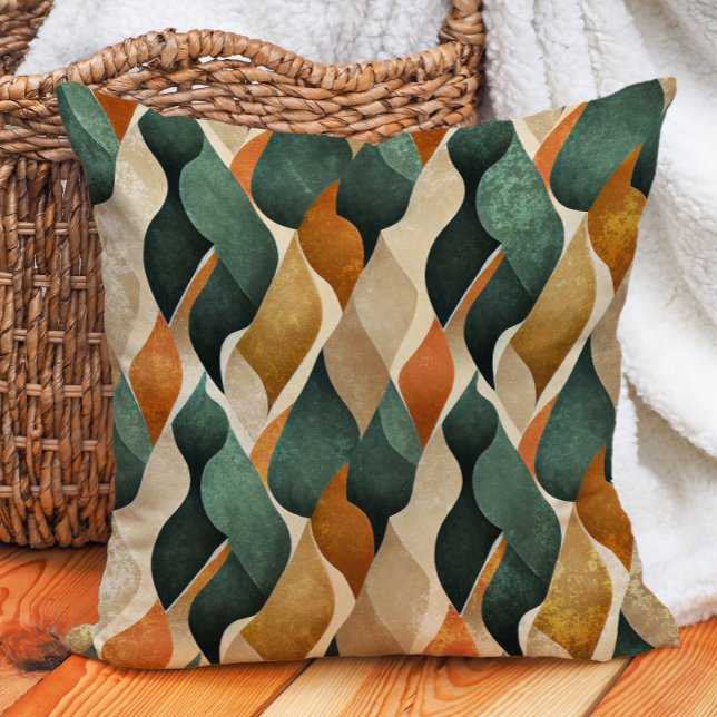 Grüne Burnt Orange Brown Abstrakt Earth Tones Kissen (Emerald Green, burnt orange, and tan abstract decorator pillow)