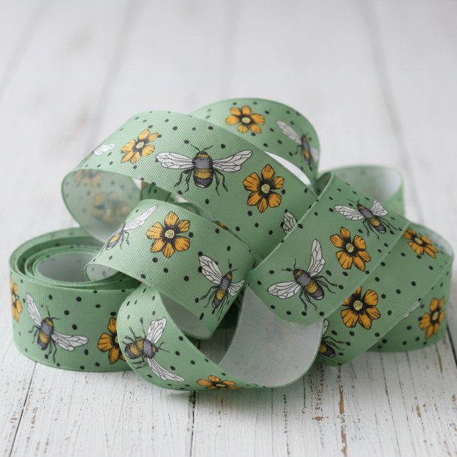 Grüne Buzzing Bees & Cosmos Blume blüht Ripsband (Green & Black Polka Dots Floral Insect Bee Ribbon. Vintage Honeybee & Yellow Flowers Nature Pattern)